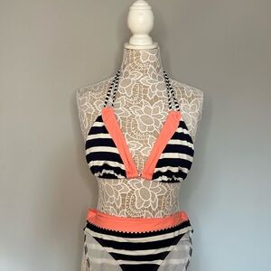 VENUS Black and Coral Striped Bikini